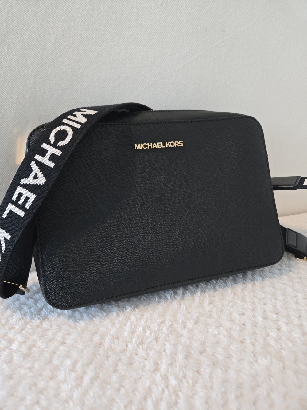 Michael Kors Black Crossbody Bag Gold Hardware Logo Strap